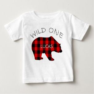 Wild One 1st Birthday Bear Lumberjack Plaid Baby T-Shirt