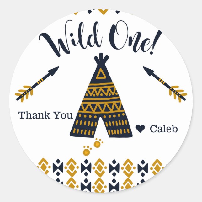 Wild One 1st Birthday Blue Gold Tepee Party Favour Classic Round Sticker (Front)