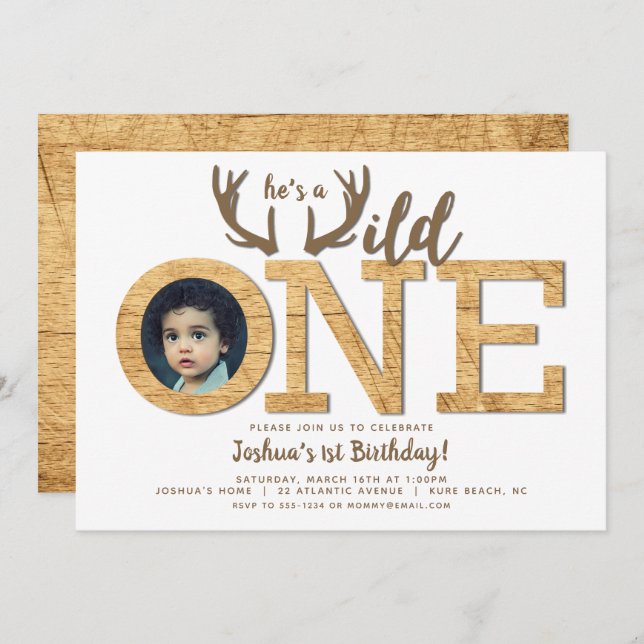 Wild One 1st Birthday Boy Photo Invitation (Front/Back)