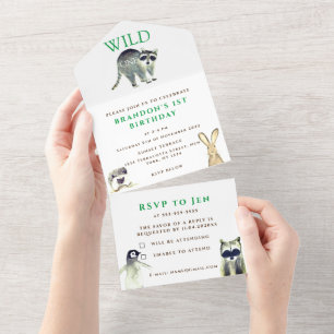 Wild One 1st Birthday Boy Rustic Animal Watercolor All In One Invitation