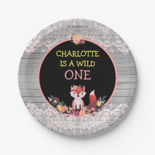 Wild ONE 1st Birthday Cute Fox & Flowers Paper Plate