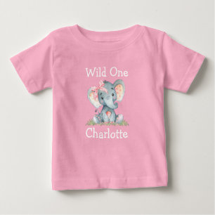 Wild One 1st Birthday Elephant Bow Pink Baby T-Shirt