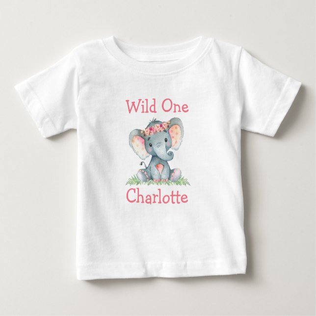 Wild One 1st Birthday Elephant Pink Flowers Baby T-Shirt (Front)