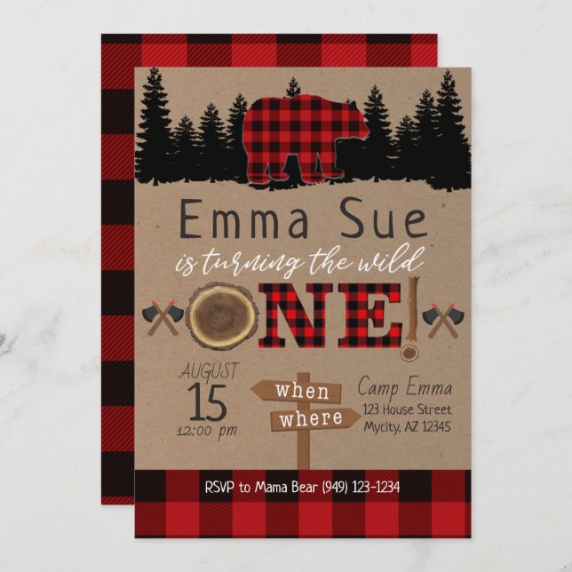 Wild One 1st Birthday Flannel Little Bear Birthday Invitation (Front/Back)