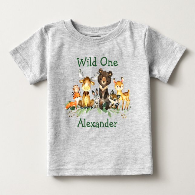 Wild One 1st Birthday Forest Animals Grey Baby T-Shirt (Front)