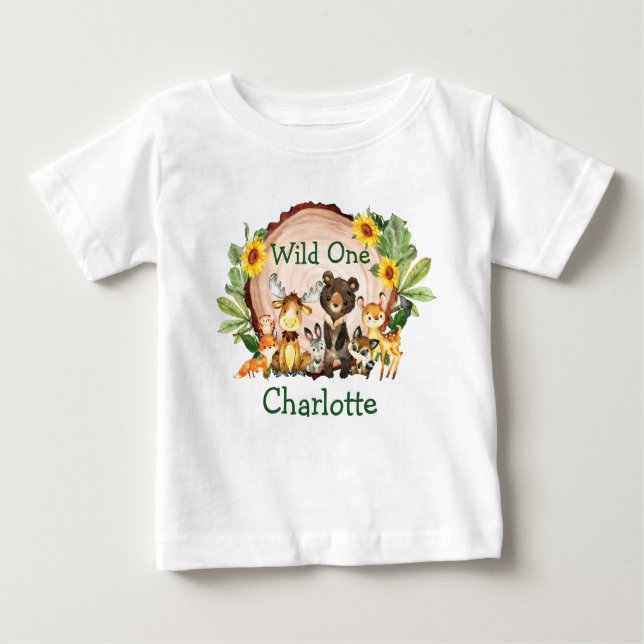 Wild One 1st Birthday Forest Animals Sunflowers Baby T-Shirt (Front)