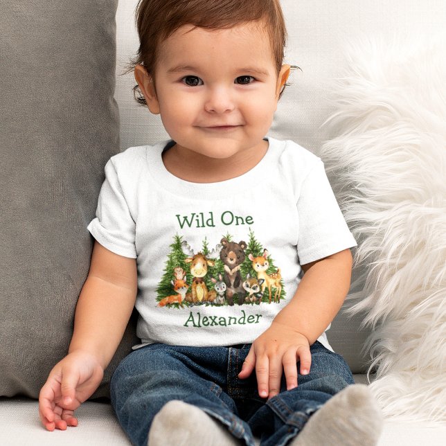 Wild One 1st Birthday Forest Animals Trees Baby T-Shirt (Customize to change text color. Many sizes to choose from.)