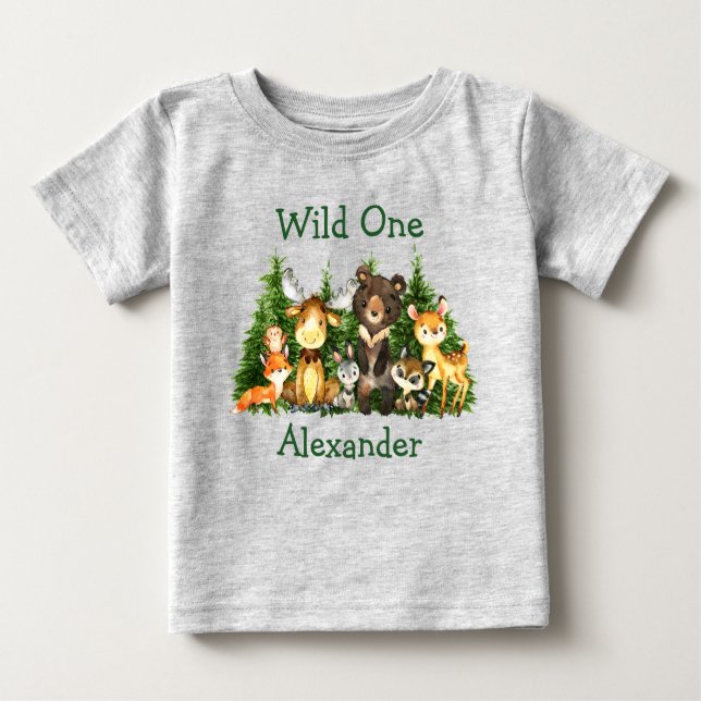 Wild One 1st Birthday Forest Animals Trees Grey Baby T-Shirt (Front)