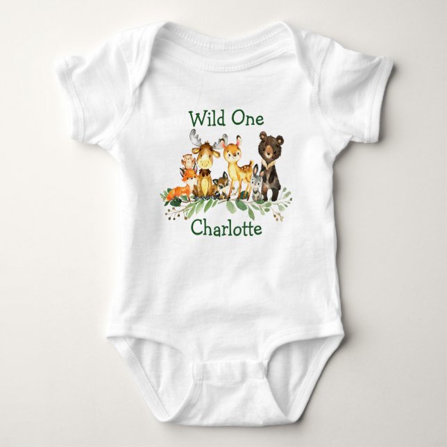 Wild One 1st Birthday Forest Woodland Animals Baby Bodysuit (Front)