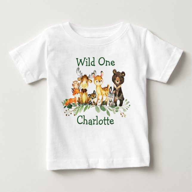 Wild One 1st Birthday Forest Woodland Animals Baby T-Shirt (Front)