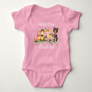 Wild One 1st Birthday Forest Woodland Animals Pink Baby Bodysuit