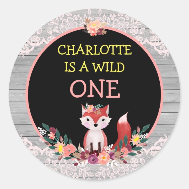 Wild ONE 1st Birthday Fox And Flowers Classic Round Sticker (Front)