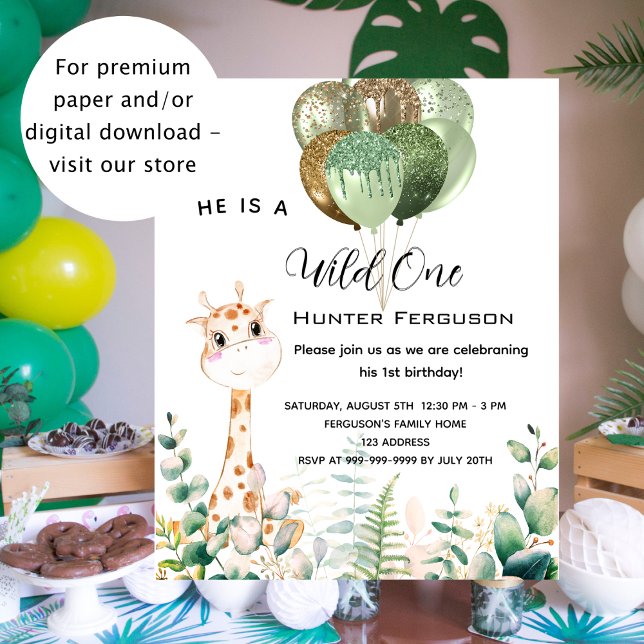 Wild one 1st birthday giraffe budget invitation (Creator Uploaded)