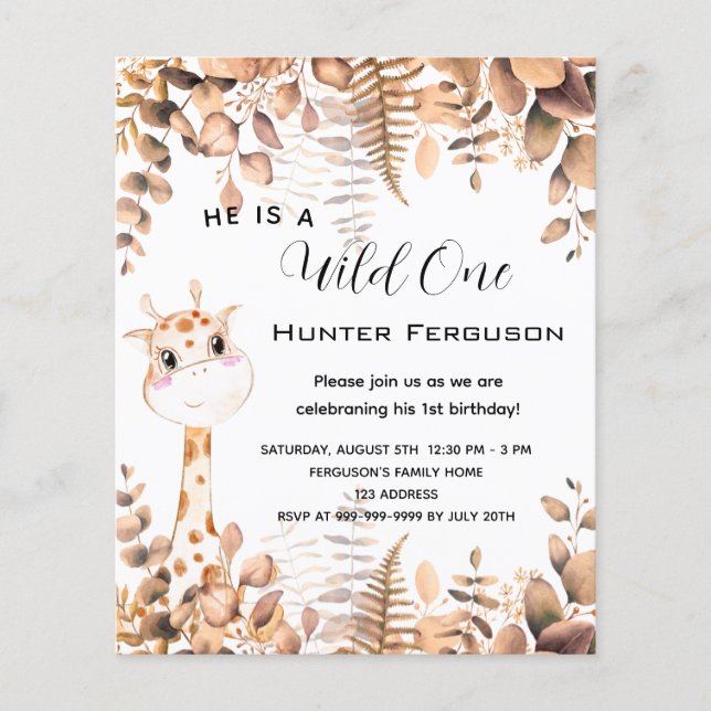 Wild one 1st birthday giraffe budget invitation flyer (Front)