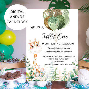 Wild one 1st birthday giraffe jungle balloons invitation
