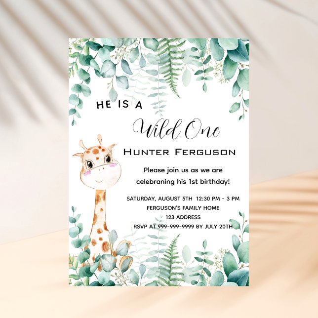 Wild one 1st birthday giraffe jungle forest invitation postcard (Creator Uploaded)