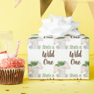 Wild One 1st Birthday Girl Jungle Safari Wrapping Paper