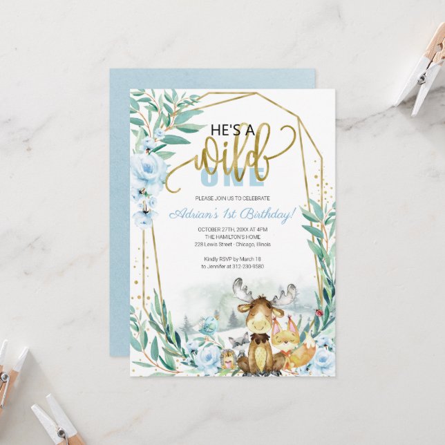 Wild One 1st Birthday Greenery Woodland Invitation (Front/Back In Situ)