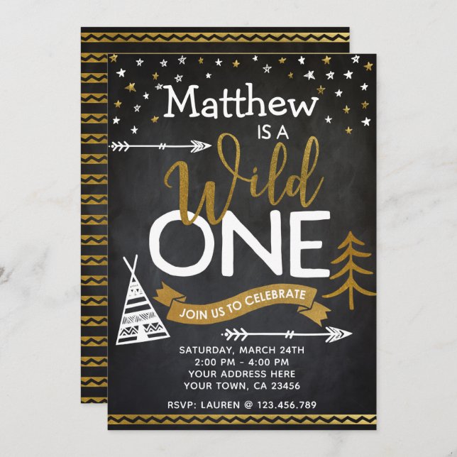 Wild One 1st Birthday Invitation Chalkboard (Front/Back)