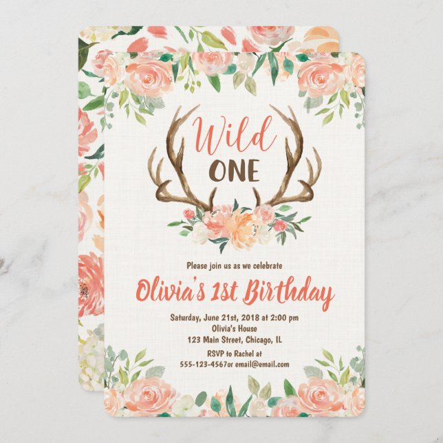 Wild one 1st birthday invitation girl deer antlers (Front/Back)