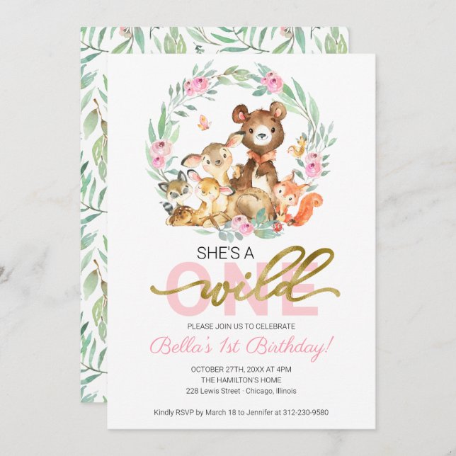 Wild One 1st Birthday Invitation Woodland Animals  (Front/Back)