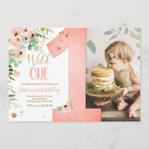 Wild One 1st Birthday Invite Floral Pink Gold Girl