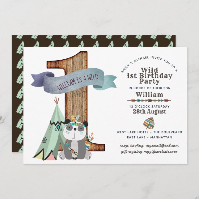 Wild One 1st Birthday Invite Tribal Panda TeePee (Front/Back)