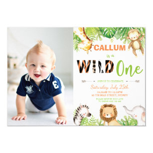 Wild One 1st Birthday Jungle Animals Boy Photo Invitation