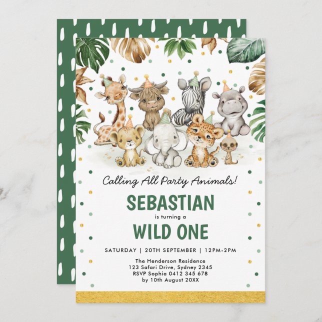 Wild One 1st Birthday Jungle Safari Party Animals  Invitation (Front/Back)