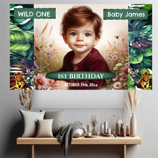 Wild One 1st Birthday Jungle Safari Tropical Photo Banner
