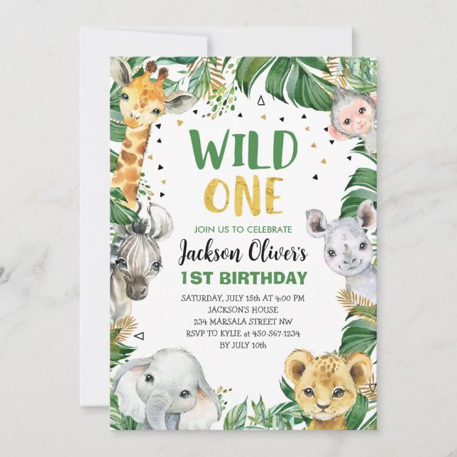 Wild One 1st Birthday Jungle Safari Wild Animals Invitation (Front)