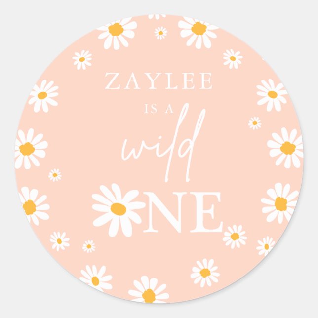 Wild One 1st Birthday Party Boho Retro Peach Daisy Classic Round Sticker (Front)