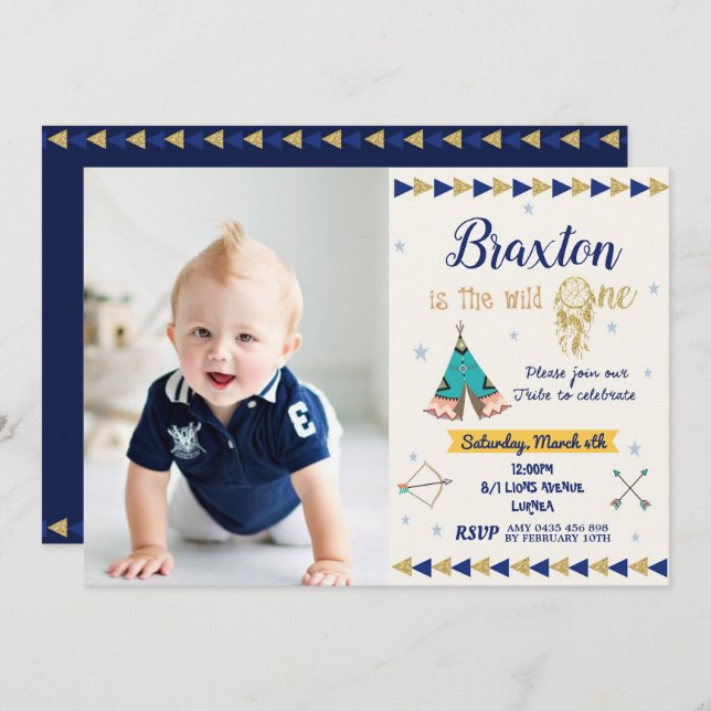 Wild One 1st Birthday Party Boy Tribal Navy Gold Invitation (Front/Back)