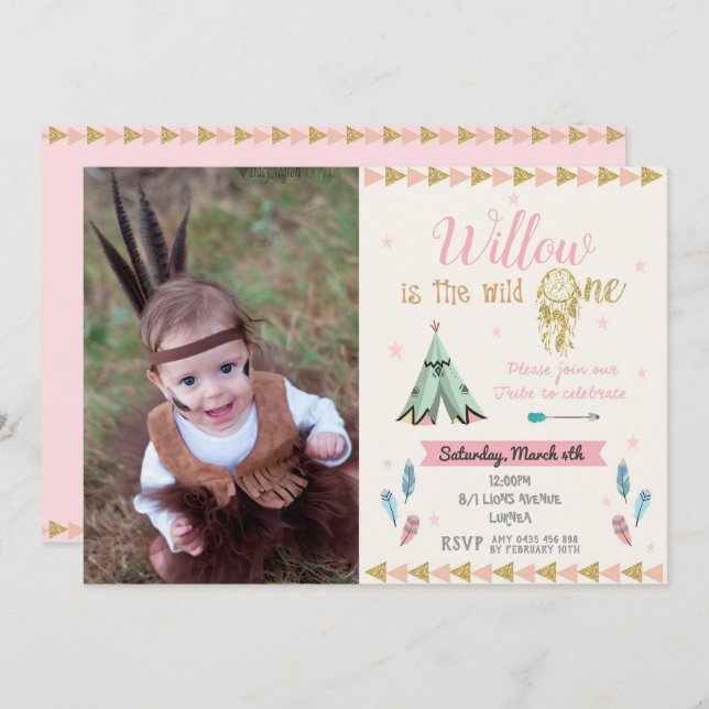 Wild One 1st Birthday Party Girl Tribal Pink Gold Invitation (Front/Back)