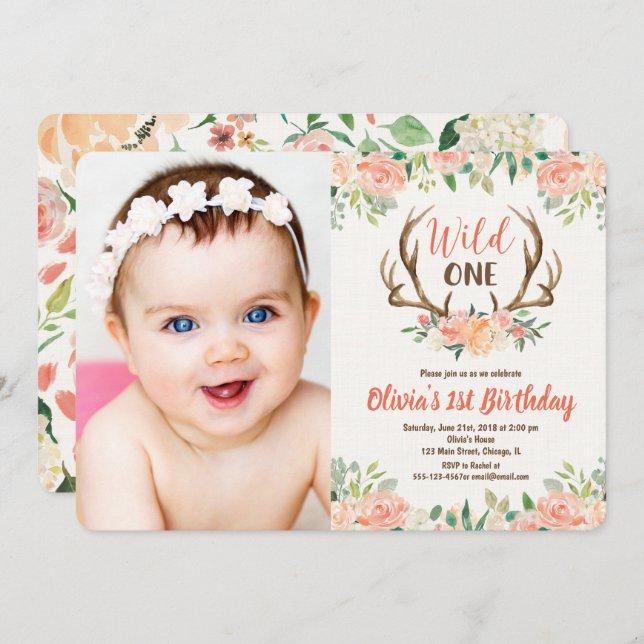 Wild one 1st birthday photo invitation deer antler (Front/Back)