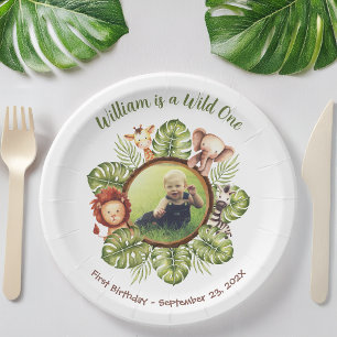 Wild One 1st Birthday Photo Safari Animals Leaves Paper Plate