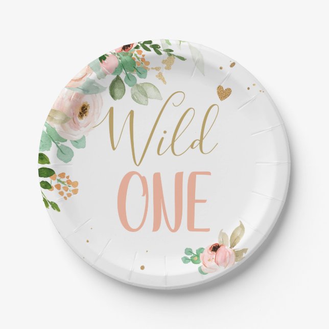 Wild One 1st Birthday Pink Gold Girl Flowers Paper Plate (Front)