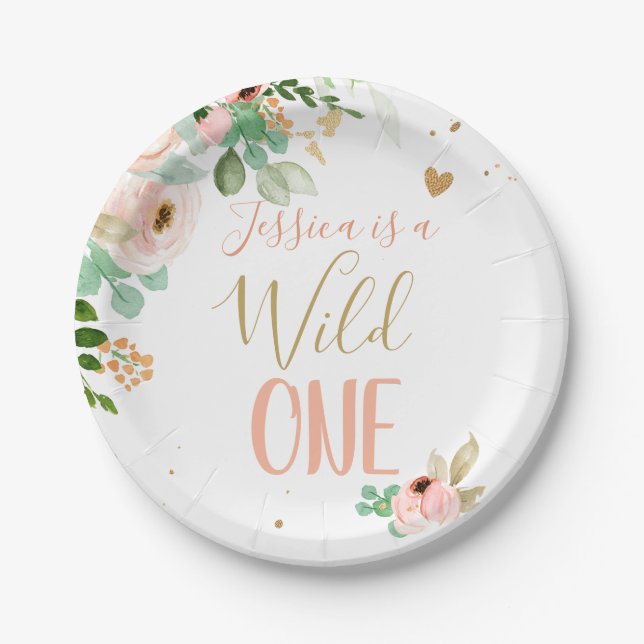 Wild One 1st Birthday Pink Gold Girl Flowers Paper Plate (Front)