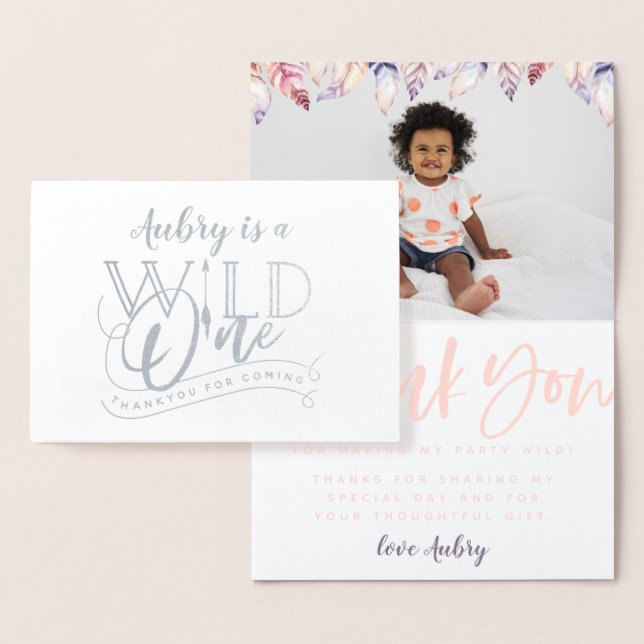 Wild one 1st birthday real foil photo thank you foil card (Display)