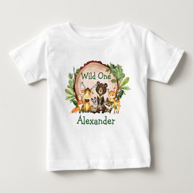 Wild One 1st Birthday Rustic Forest Animals Baby T-Shirt (Front)