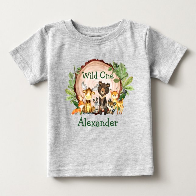 Wild One 1st Birthday Rustic Forest Animals Grey Baby T-Shirt (Front)