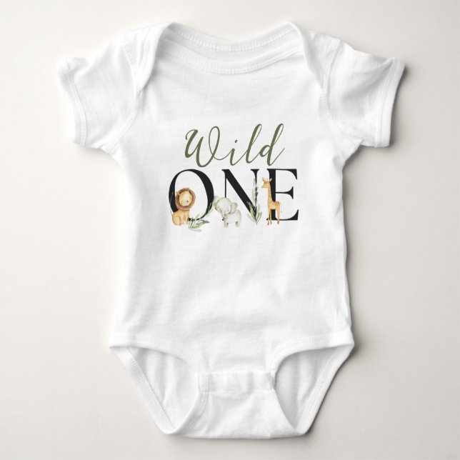 Wild One 1st Birthday Safari Animals Baby Boy Baby Bodysuit (Front)