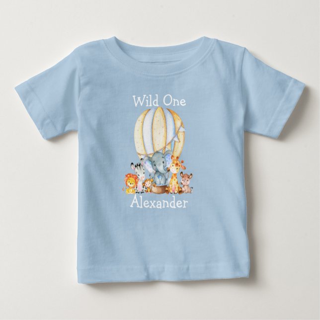 Wild One 1st Birthday Safari Animals Balloon Blue Baby T-Shirt (Front)