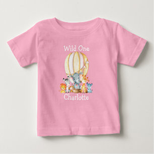 Wild One 1st Birthday Safari Animals Balloon Pink Baby T-Shirt