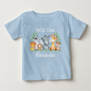 Wild One 1st Birthday Safari Animals Blue Baby T-Shirt