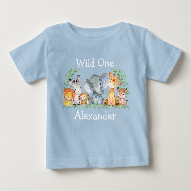 Wild One 1st Birthday Safari Animals Blue Baby T-Shirt (Front)