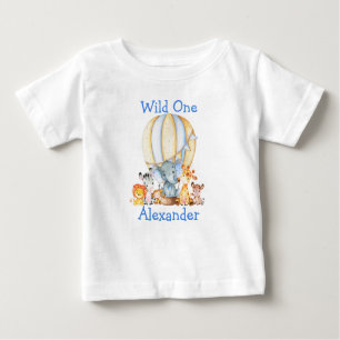 Wild One 1st Birthday Safari Animals Blue Balloon Baby T-Shirt
