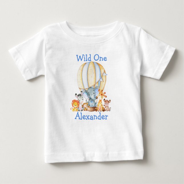 Wild One 1st Birthday Safari Animals Blue Balloon Baby T-Shirt (Front)