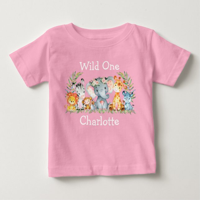Wild One 1st Birthday Safari Animals Flowers Pink Baby T-Shirt (Front)