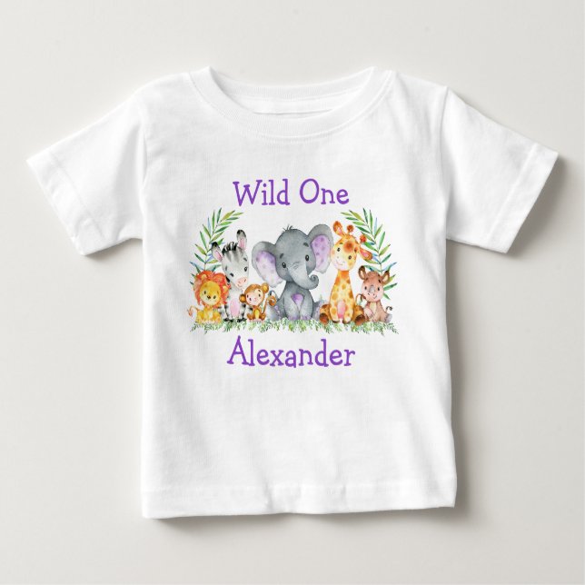 Wild One 1st Birthday Safari Animals Purple Baby T-Shirt (Front)